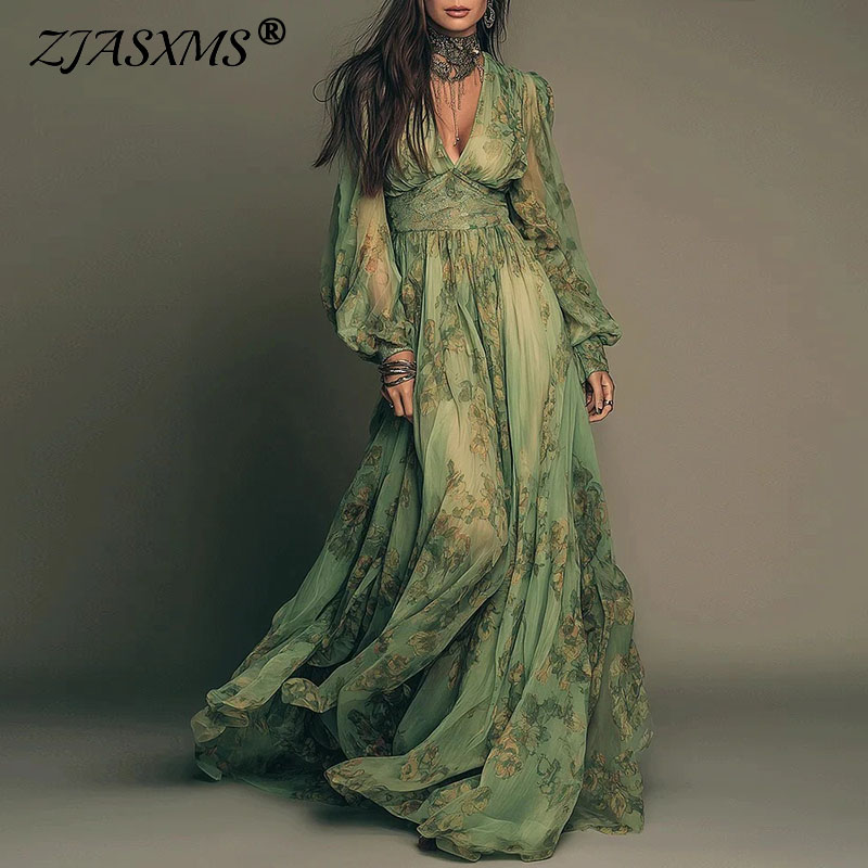 Floral Summer Dress - Elegant Green Floral Print Chiffon Maxi