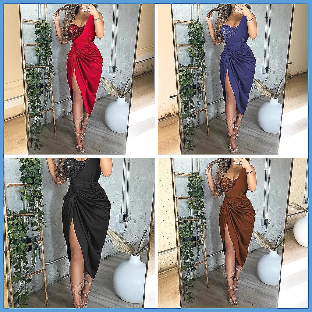 Smocked Dress Women - Sequin One Shoulder Slit Long Dress