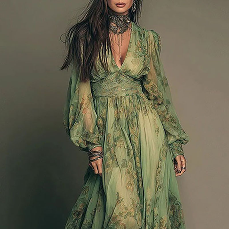 Elegant Green Floral Print Chi - đánh giá và giá Floral Summer Dress