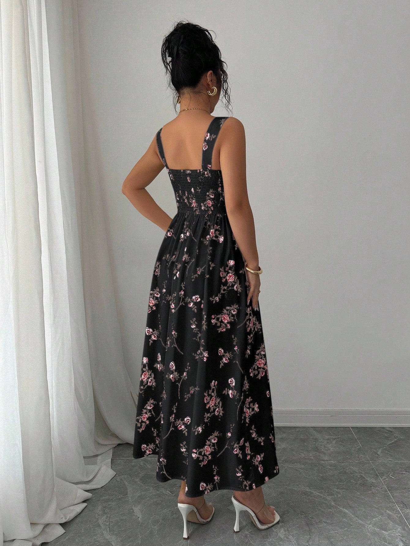 Womens Floral Print Midi Dress - đánh giá và giá Smocked Dress Women